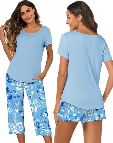 Ekouaer 3 PCS Capri Pajamas for Women Set Short Sleeve Pajama Sets Floral Pj Sets Soft Sleepwear with Pockets in Kuwait
