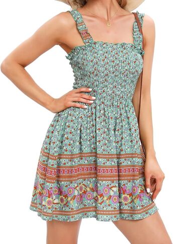 Women Strapless Boho Floral Smocked Dress Tube Top Cover Ups Mini Sundress with Pockets in Kuwait