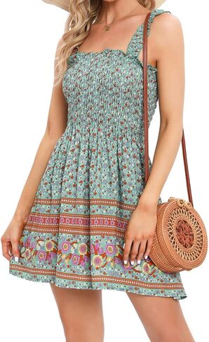 Women Strapless Boho Floral Smocked Dress Tube Top Cover Ups Mini Sundress with Pockets in Kuwait