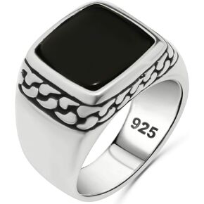 Solid 925 Sterling Silver Black Onyx Stone Cuban Link Chain Design Luxury Ring for Men Best Gift for him