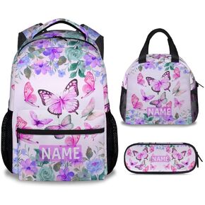 Sharecolor Butterfly Backpack with Lunch Box, Set of 3 School Backpacks Matching Combo, Cute Blue Bookbag and Pencil Case Bundle