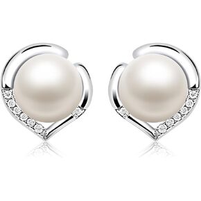 Pearl Earrings Studs for Women, White Shell Pearl Earrings, 925 Sterling Silver Studs ''LOVE HEART'' Gift for Her