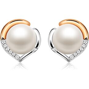 Pearl Earrings Studs for Women, White Shell Pearl Earrings, 925 Sterling Silver Studs ''LOVE HEART'' Gift for Her