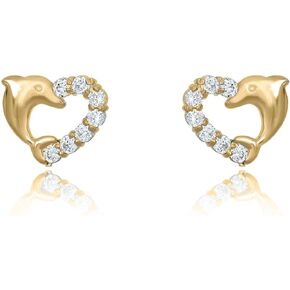 AVORA 10K Yellow Gold Heart With Dolphin Simulated Diamond CZ Stud Earrings
