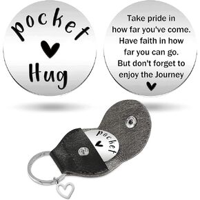Take Pride in How Far You've Come - Inspirational Pocket Hug Token with Leather Keychain, Stainless Steel Double Sided Coin Long Distance Relationship Gift for Daughter Son Birthday Graduation Gift
