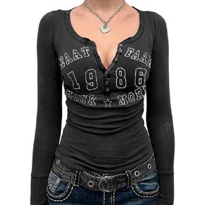 Women’s Y2K Long Sleeve Henley T Shirts Button Down Slim Fit Vintage Casual Tops Graphic Crop Tops