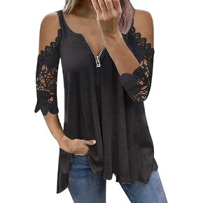Womens Lace Tunic Summer Top, Zipper V-Neck Blouses, Short Sleeve Strapless Casual T-Shirt, Loose Fit.