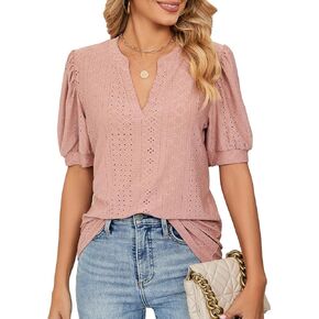2023 Summer Puff Short Sleeve Shirts for Women Loose Fit Eyelet T Shirt Notch V Neck Tunic Blouse Hollow Out Work Tops
