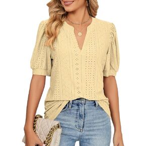 2023 Summer Puff Short Sleeve Shirts for Women Loose Fit Eyelet T Shirt Notch V Neck Tunic Blouse Hollow Out Work Tops