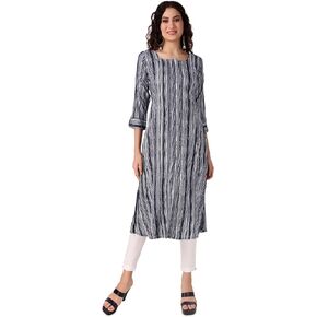 ladyline Women's Rayon Printed Tunic Top Front Cut Button Down 3/4 Roll-Up Sleeves Long Kurti Kurta