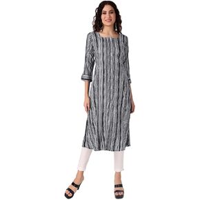 ladyline Women's Rayon Printed Tunic Top Front Cut Button Down 3/4 Roll-Up Sleeves Long Kurti Kurta