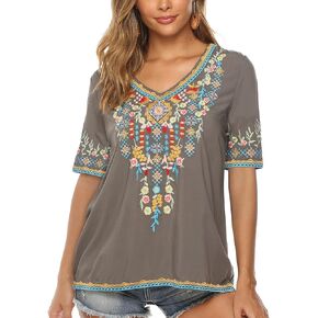 AK Women's V Neck Casual Summer Blouse, Boho Embroidered Mexican Peasant Tops Short Sleeve Shirts Casual Blouse Loose Tunics