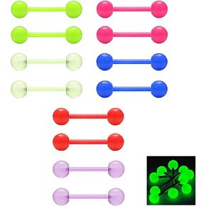 CHARMONLINE Tongue Rings Barbell Nipple Bars 12Pcs Glow in The Dark 14G Bioflex Acrylic or Stainless Steel Piercing Rings Jewelry