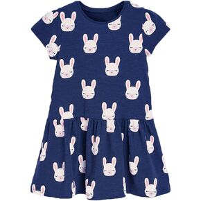 WRHPZW Toddler Girl Casual Short Sleeve Dress Cotton Summer Active Playwear Basic Cartoon Appliques Printing Jersey Dresses