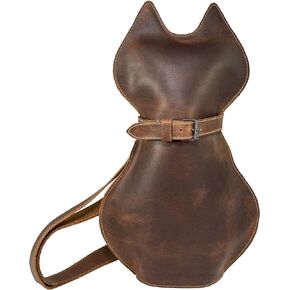 Hide & Play, Kitty Shape Backpack Handmade from Full Grain Leather - Pet Lover Accessory, Great for Travel & Everyday Use - Bourbon Brown