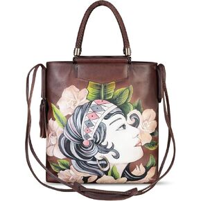 Genuine Leather Handbag for Women Hand Painted Leather Top Handle Bag Handmade Crossbody Purse Work Tote Bag