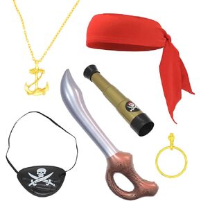 Timisea Halloween Pirate Costume Accessories for Kids, Captain Costume Accessory Set, Red Headband | Inflatable Pirate Sword | Pirate Eye Patch | Pirate Telescope | Pirate Dress Up Set for Halloween