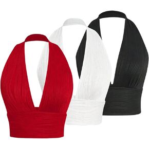 Floerns Women's 3Pcs Deep V Neck Seamless Knitted Backless Halter Tank Crop Top