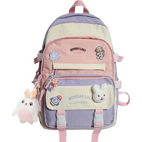 حقيبة ظهر YJMKOI Kawaii Girl مع قلادة دمية قطيفة لطيفة وحقيبة مدرسية ابتدائية لطيفة، حقيبة ظهر جمالية للفتيات المراهقات (أسود) in Kuwait
