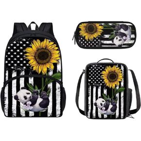 Customized Your Kids Name on American Flag Sunflower Cow Print School Backpack Set for Boys Girls, Set 3-in-1 Kids Teens School Bag Bookbag with Lunch Bag Pencil Bag