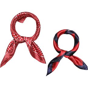 Allegra K 2Pcs 50cm Women Satin Printed Square Kerchief Hair Wrap Neck Scarf 50 * 50cm/19.69 * 19.69"(L*W) Red Dots&Red