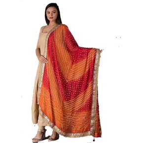 Attnico Women's Jaipuri Art Silk Bandhej Rajasthani Bandhani Dupatta with Gota Patti Lace (Red and Orange, Free Size)