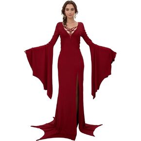 MEOWCOS Gothic Maxi Dress Vintage Witch Style Deep V Neck High Split Side-Slit Long Sleeved Dress