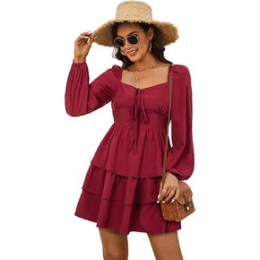 فستان نسائي قصير بأكمام طويلة، فستان كاجوال بكشكشة متدرجة ومزين بالزهور، برقبة مربعة، فساتين قصيرة in Kuwait