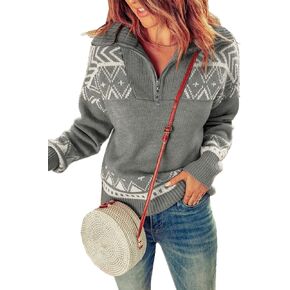 Womens Quarter Zip Pullover Top Casual Long Sleeve Sweatshirt Fall Clothes Knit Western Aztec Sweater