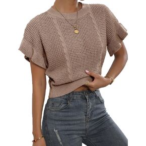 SPR&JOY Women's Short Sleeve Sweater Knitted Crop Top Ruffled Pullovers Sweater
