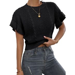 SPR&JOY Women's Short Sleeve Sweater Knitted Crop Top Ruffled Pullovers Sweater