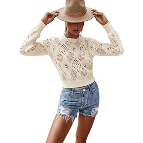 سترة نسائية من COZYEASE مطرزة بالزهور وأكمام طويلة بلوفر كاجوال برقبة مستديرة in Kuwait