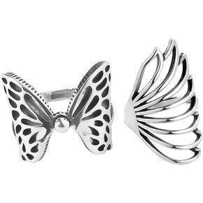 Simpleasure Pack 2 Butterfly Angel Wing Hollow Out Statement Band Rings Set Minimalist Y2K Fashion Knuckle Stackable Silver Ring for Women Girls Teen Finger Ring Adjustable Size Daughter Gifts