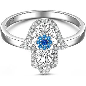 Hamsa Evil Eye Ring Sterling Silver Blue evil eye Cubic Zirconia Inspirational Lucky Turkish Mal De Ojo Rings for Women Fatima Jewelry Gift Size 6-8