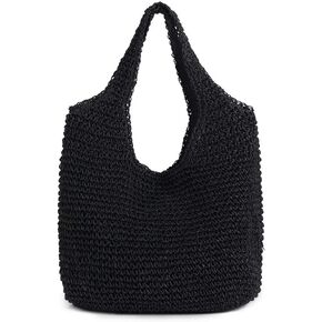 QTKJ Hand-woven Soft Large Straw Shoulder Bag Boho Straw Handle Tote Retro Summer Beach Bag Rattan Handbag (Black)