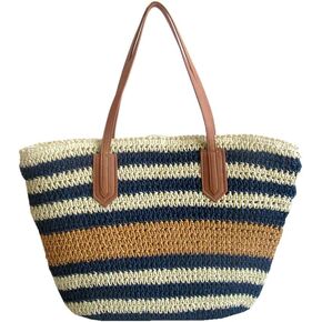 شنطة توت للشاطئ من بوركبورغ، شنطة كتف صيفية منسوجة بسحاب بتصميم مخطط، كحلي in Kuwait