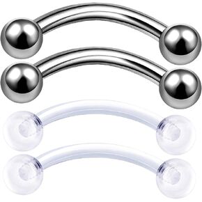 4Pcs Titanium Bioflex Clear 16g Curved Barbells Stud Piercing Jewelry Labret Eyebrow Rook Cartilage Lip 3mm Ball More Choices