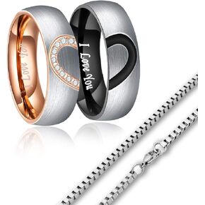Valentine's Day gift,6mm Heart Matching Couple Rings for him and her Stainless Steel Wedding Engagement Bands Sets Promise Rings for Couples, Engraved I Love You with box chain Anniversary Birthday