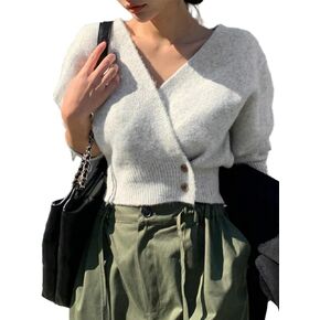 GORGLITTER Women's Wrap V Neck Sweaters Button Front Long Sleeve Pullover Crop Tops
