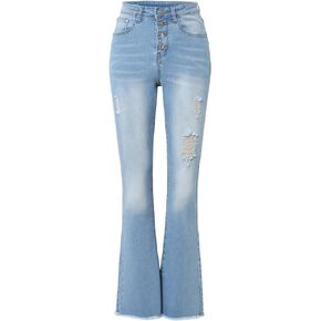 Women's Flare Bell Bottom Jeans Mid Waisted Wide Leg Ripped Stretch Elastic Classic Denim Pants