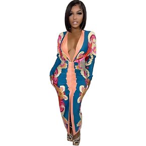 Womens Sexy Deep V-Neck Long Sleeve Floral Print Folds Split Dress Nightclub Bodycon Dress