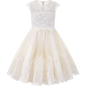 PLUVIOPHILY Lace Tulle Wedding Flower Girl Dress Cap Sleeves Beaded Princess Birthday Party Dress Junior Bridesmaid Dress