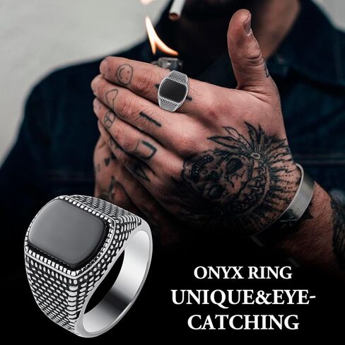 خاتم أونيكس للرجال، خواتم من الفولاذ المقاوم للصدأ للرجال، خواتم أحجار كريمة من عقيق أونيكس الأسود مجوهرات للرجال مقاس 8-13 in Kuwait