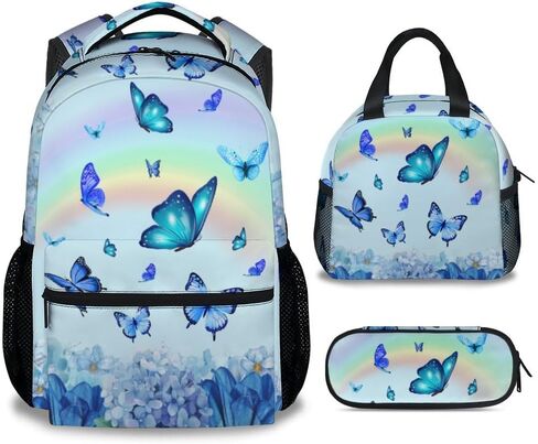 حقيبة ظهر Sharecolor Butterfly مع صندوق غداء، مجموعة من 3 حقائب ظهر مدرسية متطابقة، حقيبة كتب زرقاء لطيفة وحزمة مقلمة in Kuwait