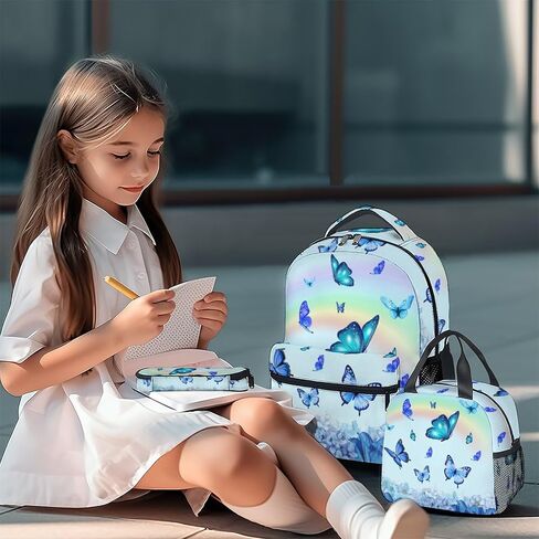 حقيبة ظهر Sharecolor Butterfly مع صندوق غداء، مجموعة من 3 حقائب ظهر مدرسية متطابقة، حقيبة كتب زرقاء لطيفة وحزمة مقلمة in Kuwait