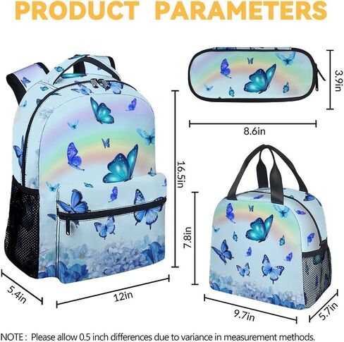 حقيبة ظهر Sharecolor Butterfly مع صندوق غداء، مجموعة من 3 حقائب ظهر مدرسية متطابقة، حقيبة كتب زرقاء لطيفة وحزمة مقلمة in Kuwait
