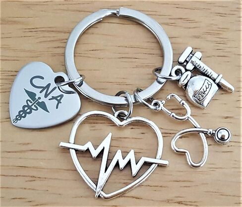 CNA Certified Nursing Assistant Keychain, CNA Keychain, ECG, EKG Hearbeat Charm, Stethoscope, Syringe, Caduceus Medical Symbol Keychain, Nursing School, Medical Student Gift, CNA Key Ring in Saudi Arabia