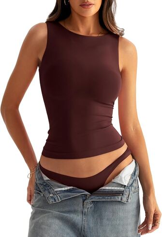 Eachyes Women Boat Neck Seamless Tank Tops Built in Bra Sleeveless Casual Fitted Shirts in Saudi Arabia