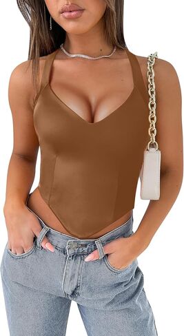 Women's Sexy Halter V Neck Crop Tank Top Sleeveless Backless Trendy Tops Double Lined Going Out Top XS-XXL in Kuwait