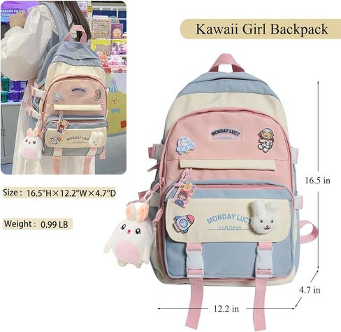 حقيبة ظهر YJMKOI Kawaii Girl مع قلادة دمية قطيفة لطيفة وحقيبة مدرسية ابتدائية لطيفة، حقيبة ظهر جمالية للفتيات المراهقات (أسود) in Kuwait